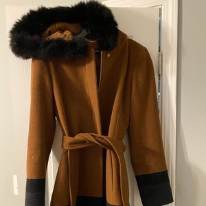Tri color winter coat with fur lined hood